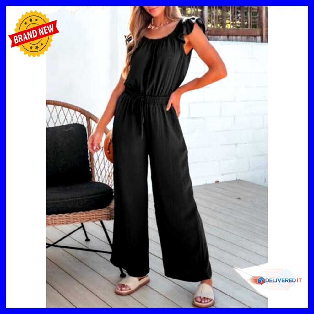 Summer Ruffle Sleeve Square Neck Jumpsuit Drawstring Waist Wide Leg Pockets - Picture 5 of 7